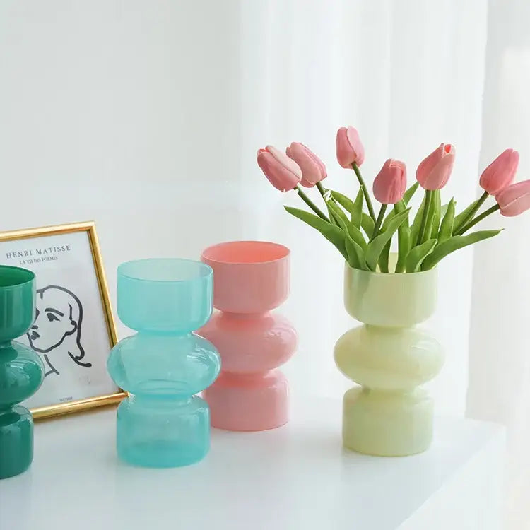 Pastel-colored stacked glass vases with a modern rounded design by decorbites™ for elegant vase home decor