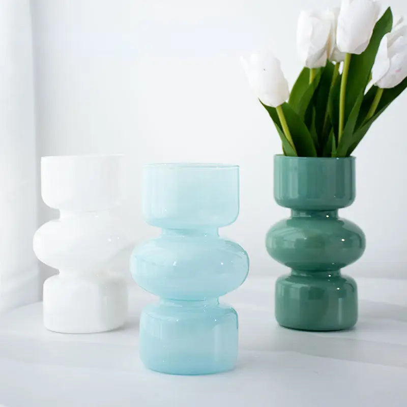Three stacked rounded glass vases in white light blue and teal by decorbites™ for elegant vase home decor