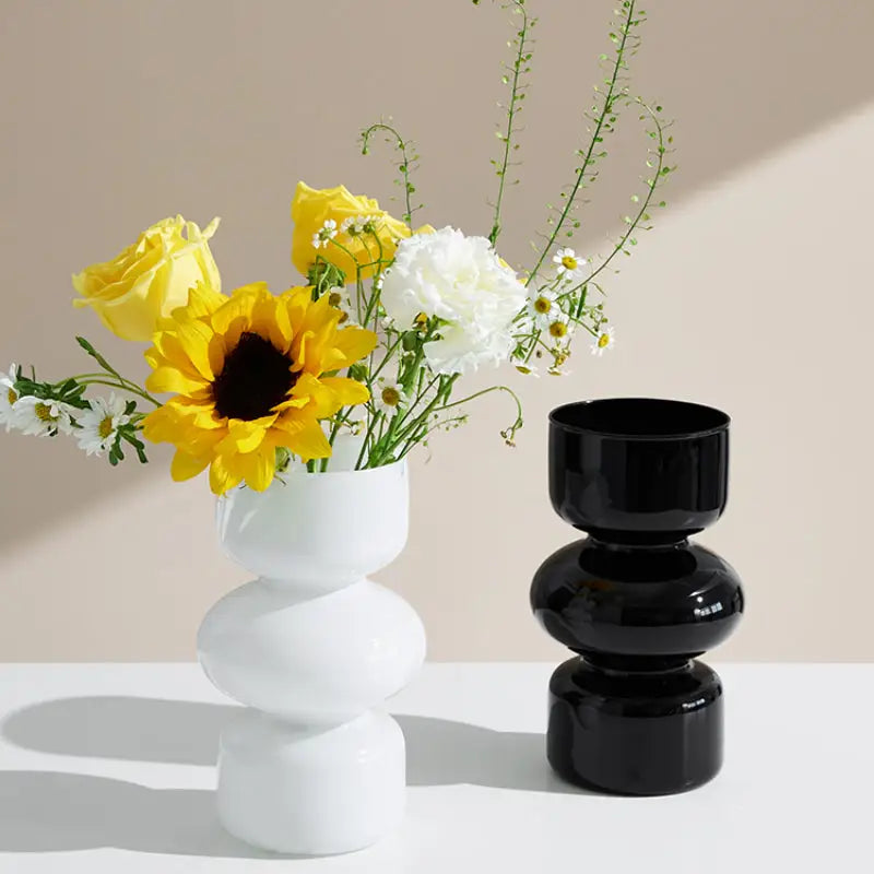 White ceramic stacked vase with yellow sunflowers and white roses for elegant vase home decor by DecorBites™ Nordic glass vase