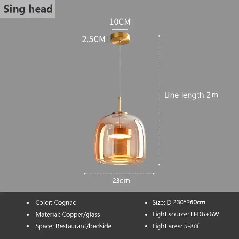 Cognac-colored nordic glass led pendant light with copper finish and led bulb by decorbites modern luxury chandelier