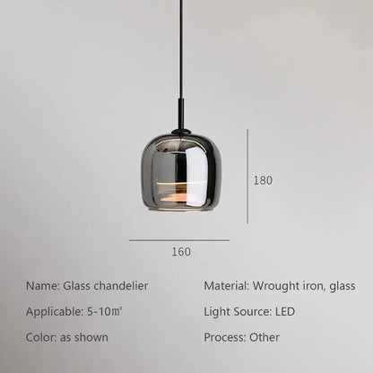 Modern luxury nordic glass led pendant chandelier with sleek rounded metallic finish and black wrought iron suspension