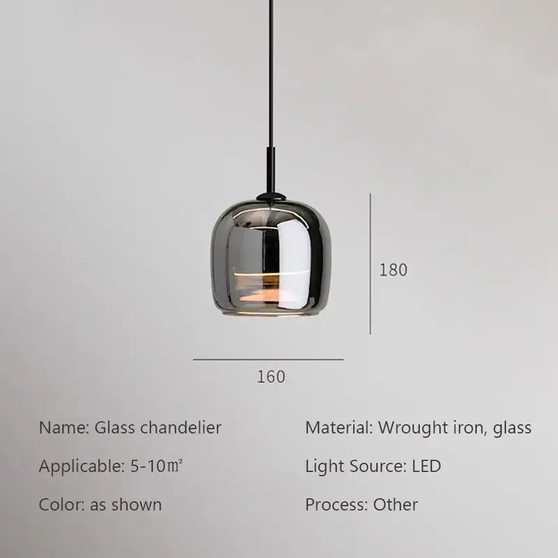 Modern luxury nordic glass led pendant chandelier with sleek rounded metallic finish and black wrought iron suspension