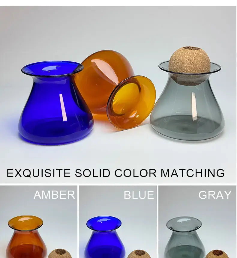 Decorbites™ nordic glass vase set includes small amber, blue, and gray cork stopper vases for home decor