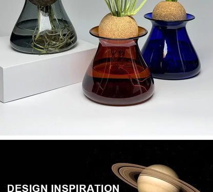 Amber-colored nordic glass vase with cork top and green plant for elegant home decor use