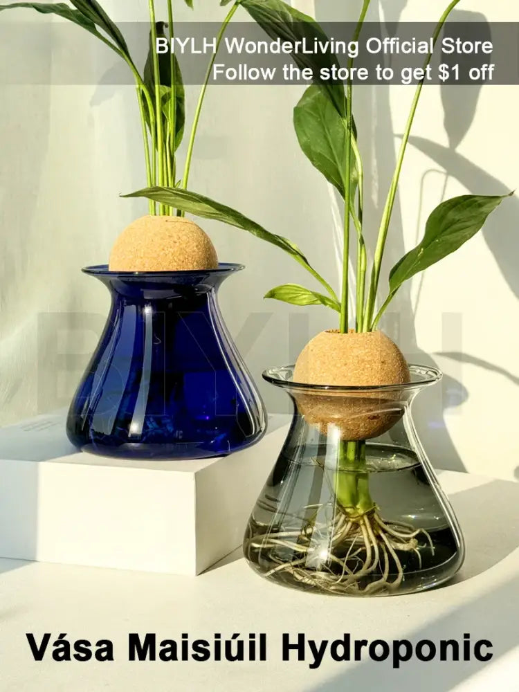 Deep blue glass vase with cork stopper and green plant for home decor by DecorBites nordic glass vase small transparent