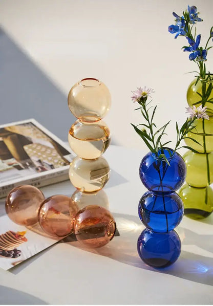 Blue nordic glass vase with stacked spherical segments designed for home decoration by DecorBites™