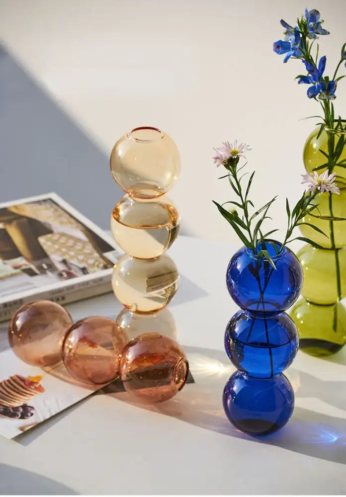 Blue nordic glass vase with stacked spherical segments designed for home decoration by DecorBites™