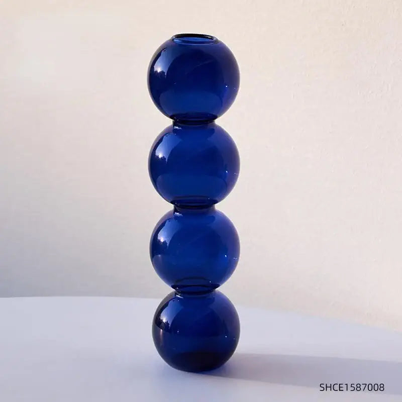 Deep cobalt blue nordic glass vase composed of four stacked spherical segments for home decoration gift