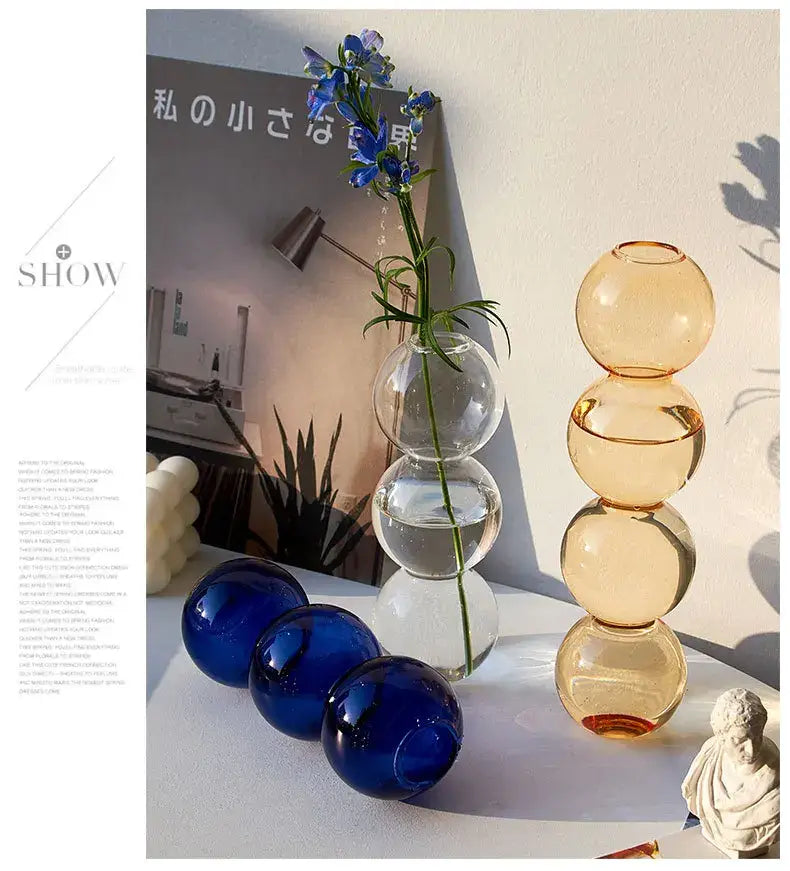 Stacked amber glass sphere nordic glass vase with clear and blue spherical accents for home decoration gift