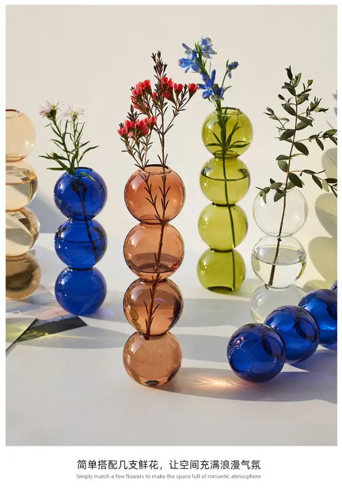 Decorbites™ nordic glass vase featuring stacked glass spheres in vibrant blue amber and green for home decoration
