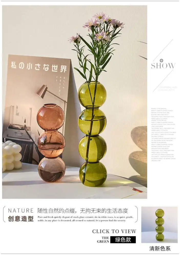 DecorBites™ nordic glass vase in translucent green with a stacked spherical design for home decoration gift