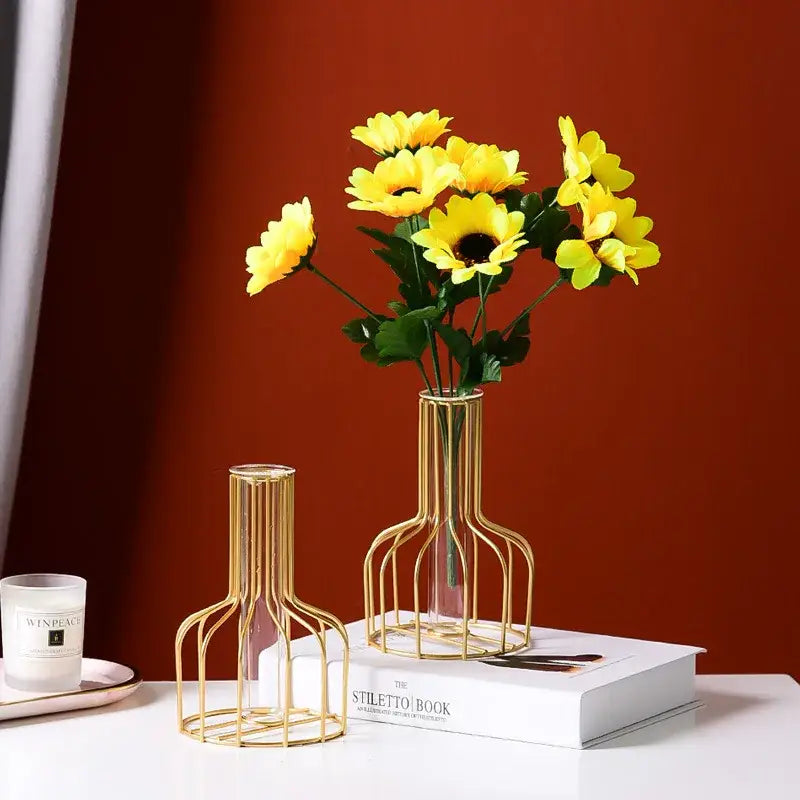 Decorbites™ nordic golden iron hydroponic table vase with gold wireframe and yellow artificial sunflowers glass vases flower