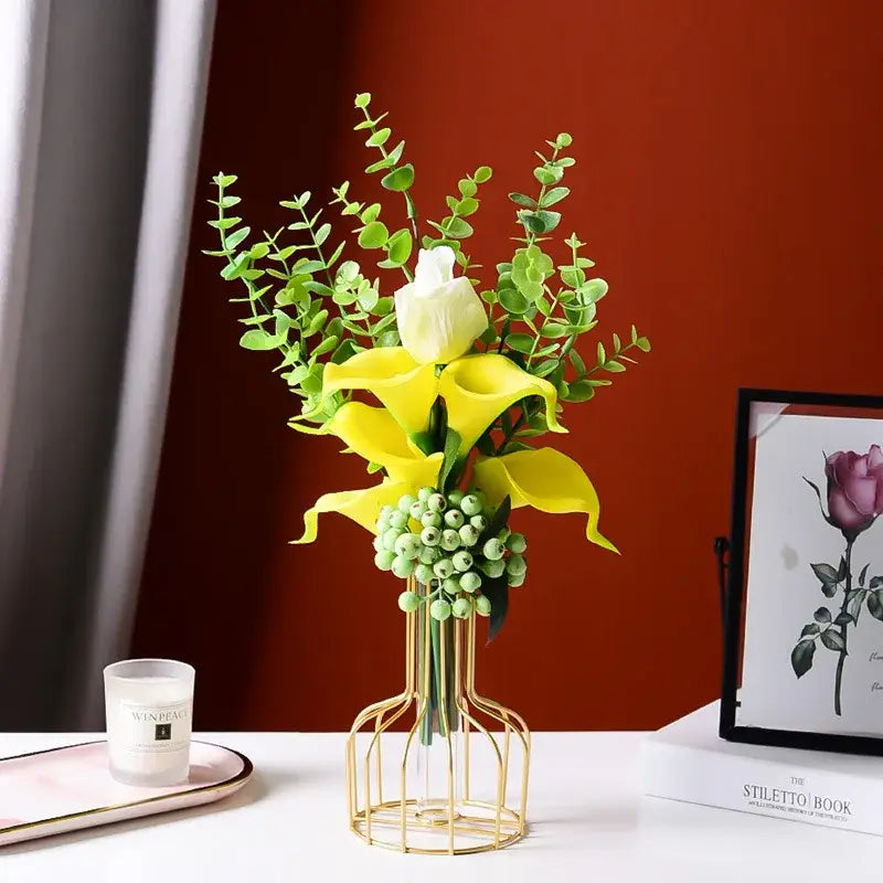 DecorBites™ nordic golden iron hydroponic table vase with gold wireframe holding yellow calla lilies and white roses for vases flower
