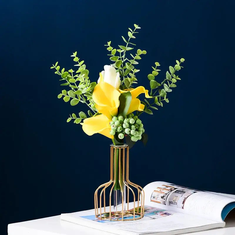 DecorBites™ Nordic golden iron hydroponic table vase with yellow calla lilies white tulips and eucalyptus leaves for vases flower