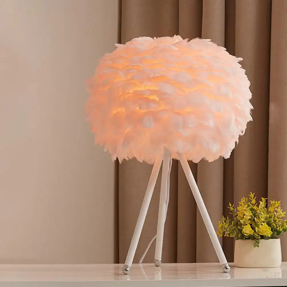 Decorbites™ nordic peach-colored goose feather sphere table lamp with fluffy shade and white tripod stand for night use