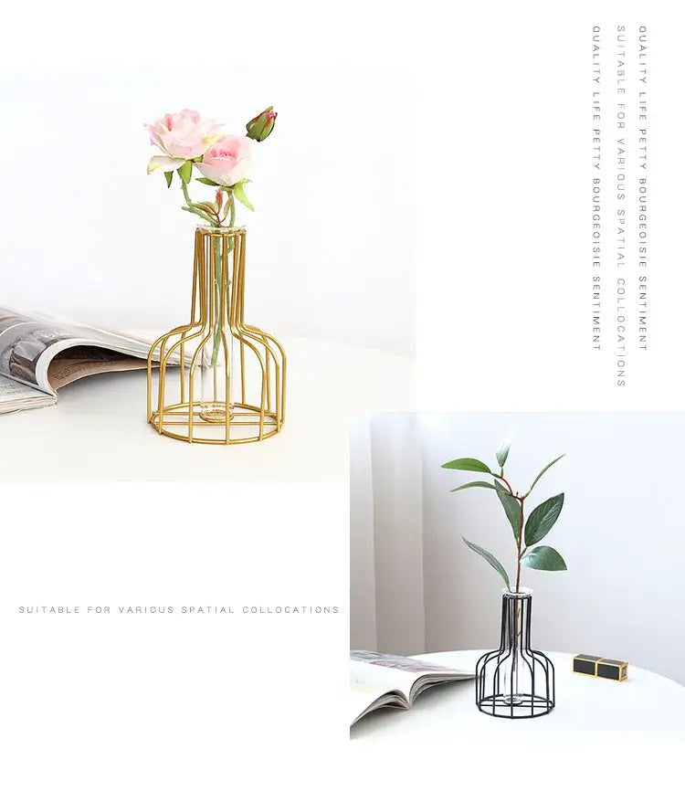 Nordic Iron Golden Hydroponic Vase with Dried Flowers - Vase