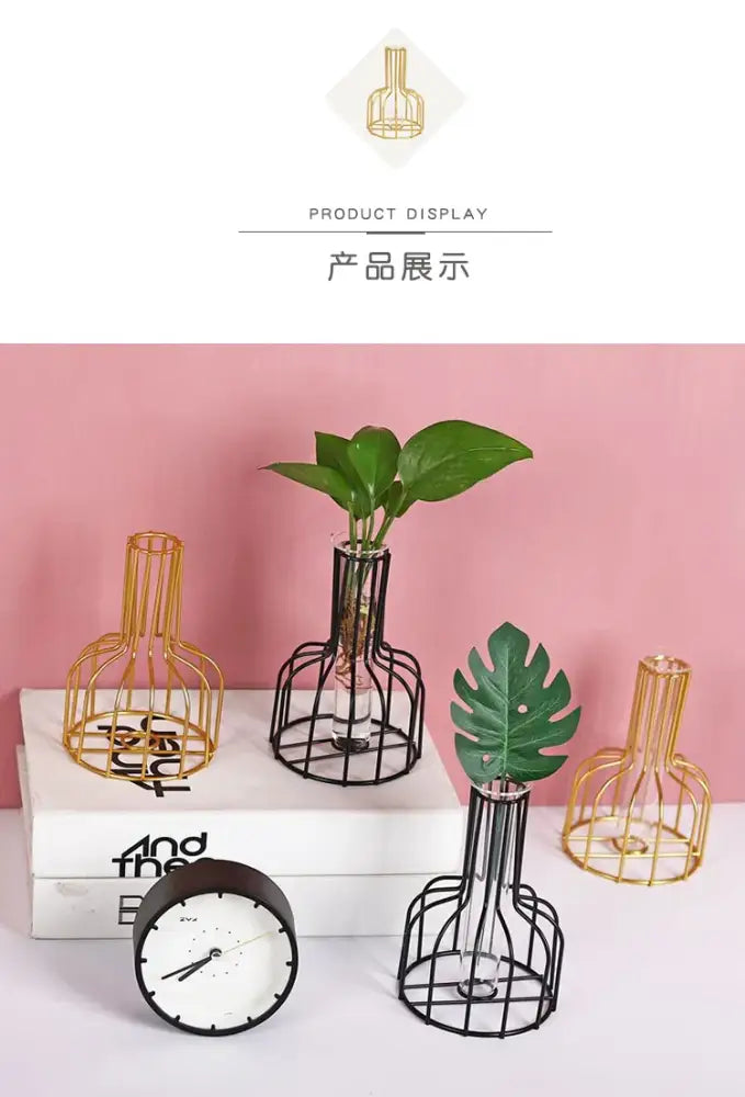 Nordic Iron Golden Hydroponic Vase with Dried Flowers - Vase