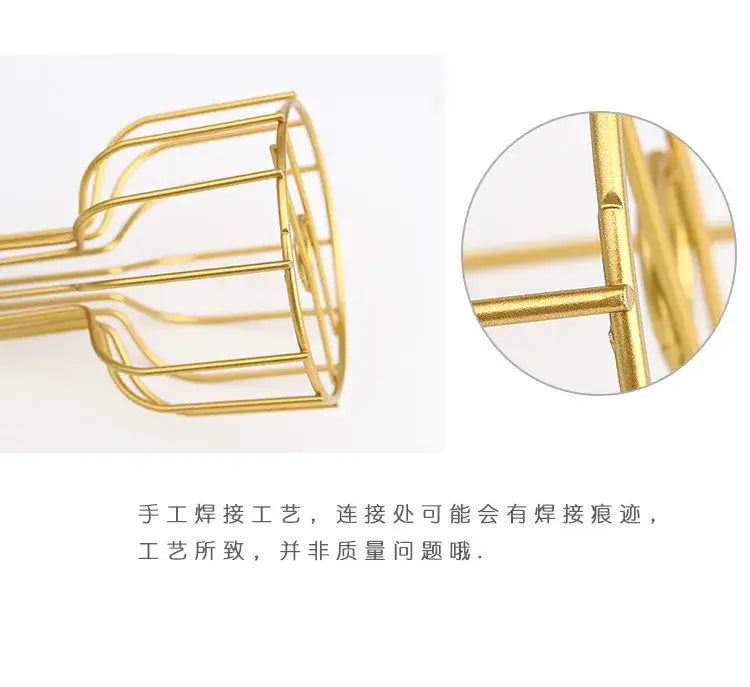 Decorbites™ nordic iron golden hydroponic vase featuring a gold-colored hand-welded iron golden wire mesh basket with handle