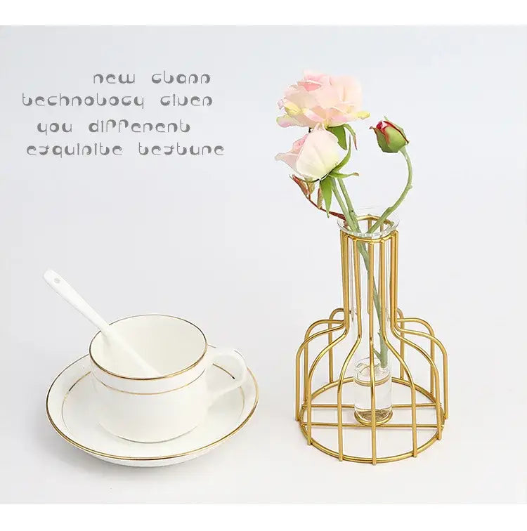 Decorbites™ nordic iron golden hydroponic vase in gold wireframe holding pink and white roses with dried flowers