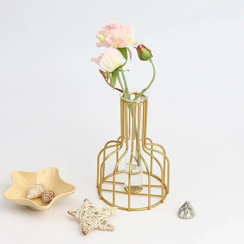DecorBites Nordic iron golden hydroponic vase with gold wireframe and clear glass holding pink and white roses