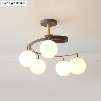Modern grey green nordic iron swirl flush chandelier with five orb glass shade bulbs and wood downrod