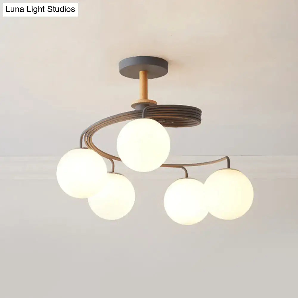 Modern ceiling light decorbites nordic iron swirl with five frosted orb glass shades and wood downrod in grey green