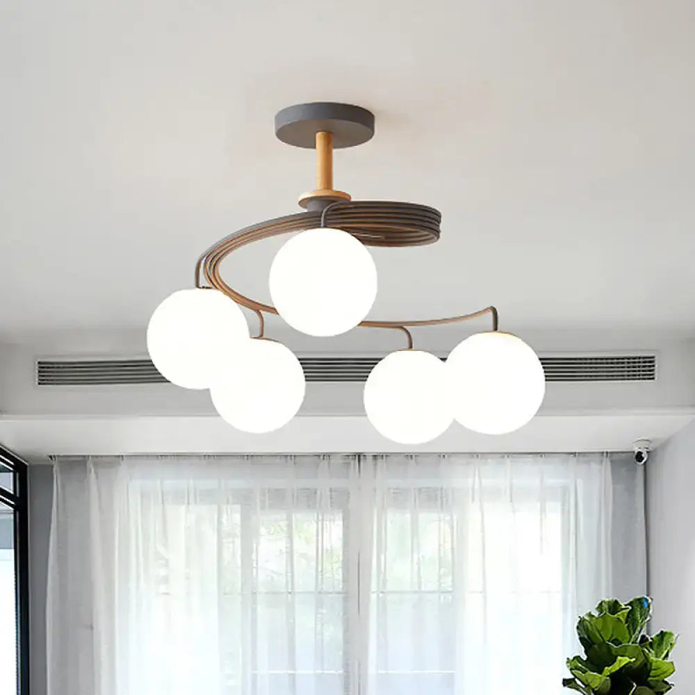 Modern grey green decorbites nordic iron swirl flush chandelier with five orb glass shade bulbs and wood downrod accents