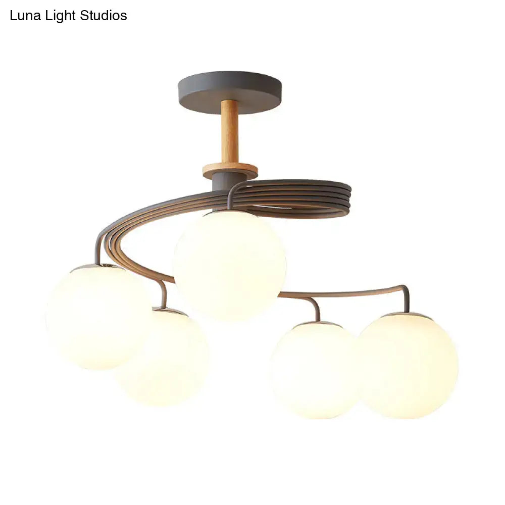 Modern grey green nordic iron swirl flush chandelier with five orb glass shades and wooden downrod ceiling light