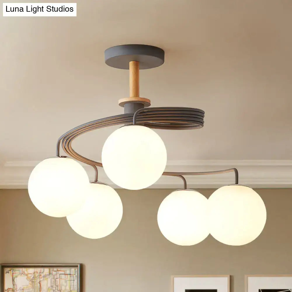 Decorbites nordic iron swirl flush chandelier with five bulbs features grey green metal frame wood downrod and orb glass shade