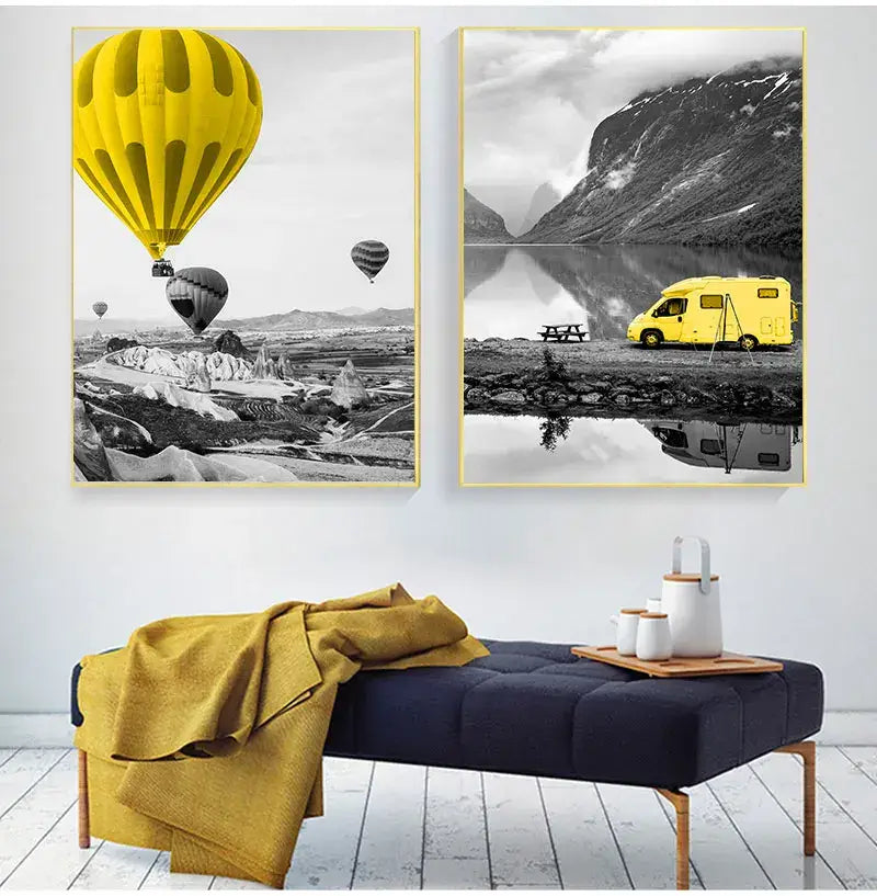 Yellow hot air balloon nordic landscape canvas print with black and white background for modern decor