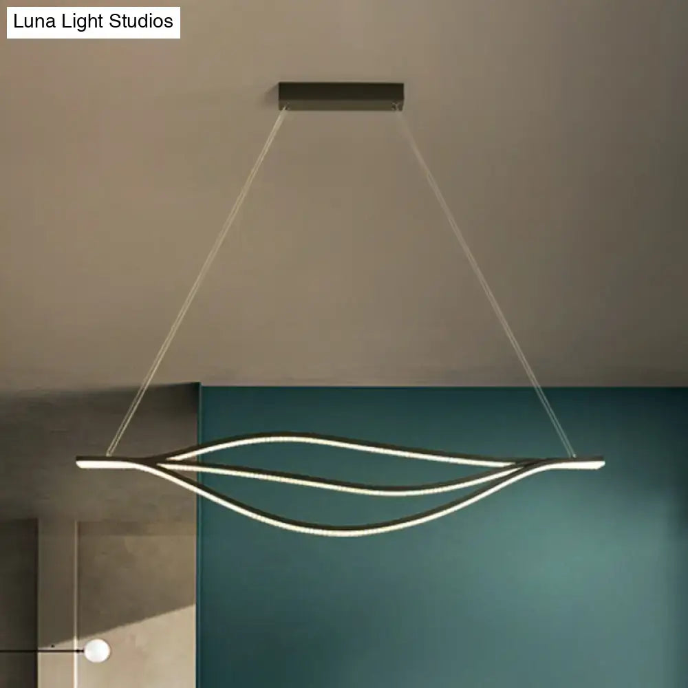 DecorBites™ Nordic led black pendant light with sleek curved metallic leaf-like strips and warm white led lightbulb glow