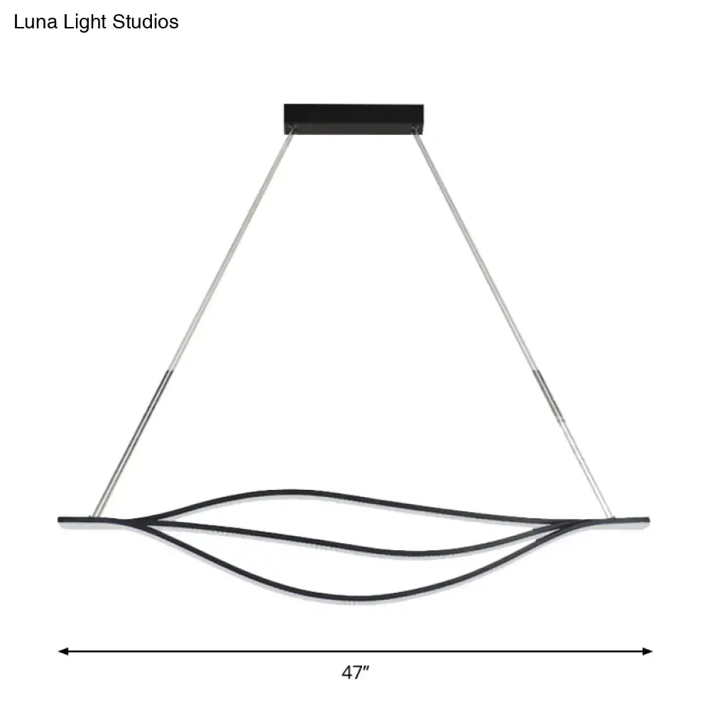 Modern black led lightbulb pendant light with curved metallic leaf-like strips suspended from silver cables