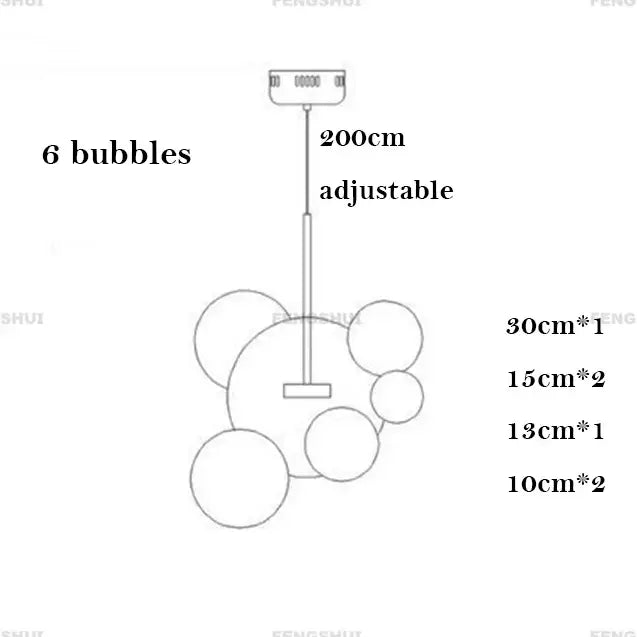 Adjustable 200cm DecorBites™ nordic led bubble chandelier with six bubble-shaped globes for home lighting decor led
