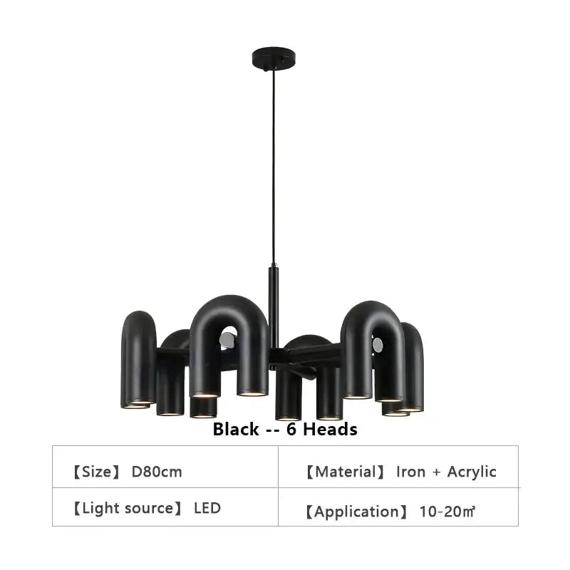 Black DecorBites™ Nordic led ceiling chandelier with six curved iron and acrylic pipe-like arms for home decor
