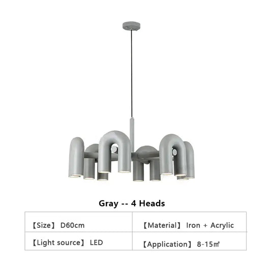 Gray DecorBites Nordic led ceiling chandelier with four curved u shaped iron and acrylic lamp heads for home decor