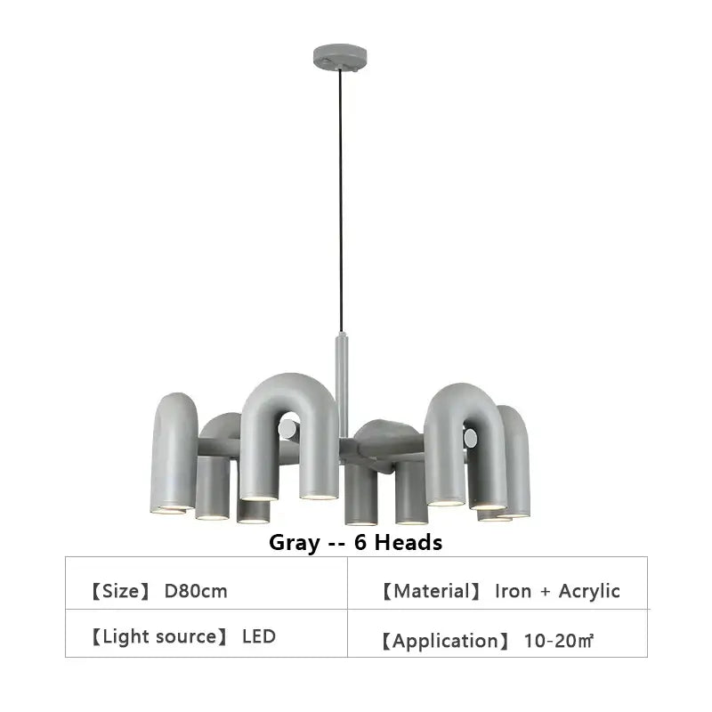 DecorBites™ nordic gray led ceiling chandelier with six curved iron and acrylic light heads for modern home decor