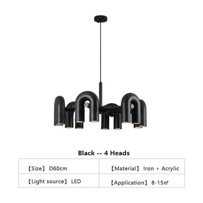 DecorBites™ Nordic black led ceiling chandelier with four curved iron and acrylic pipe-like arms for modern home