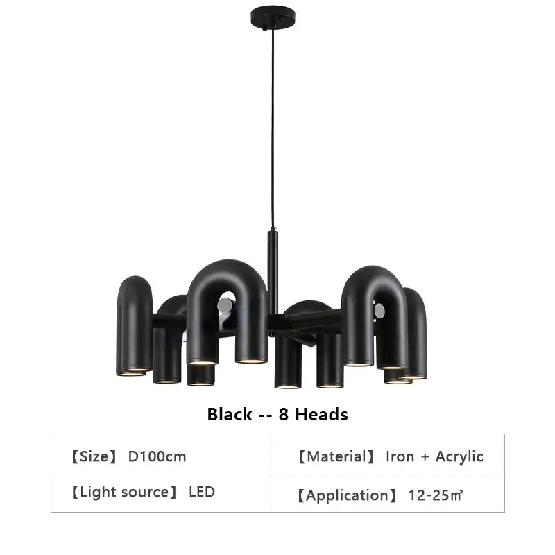 Black DecorBites™ Nordic u shape LED chandelier with eight curved iron and acrylic light heads for living room decor