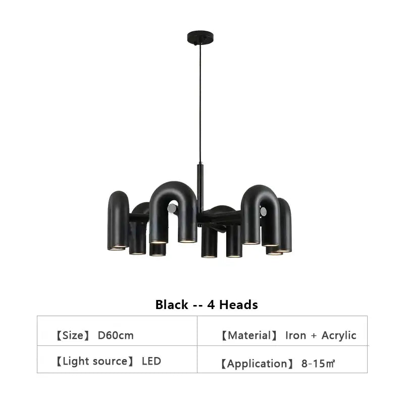 Black DecorBites™ nordic u shape LED chandelier with four curved iron and acrylic arms for living room home decor