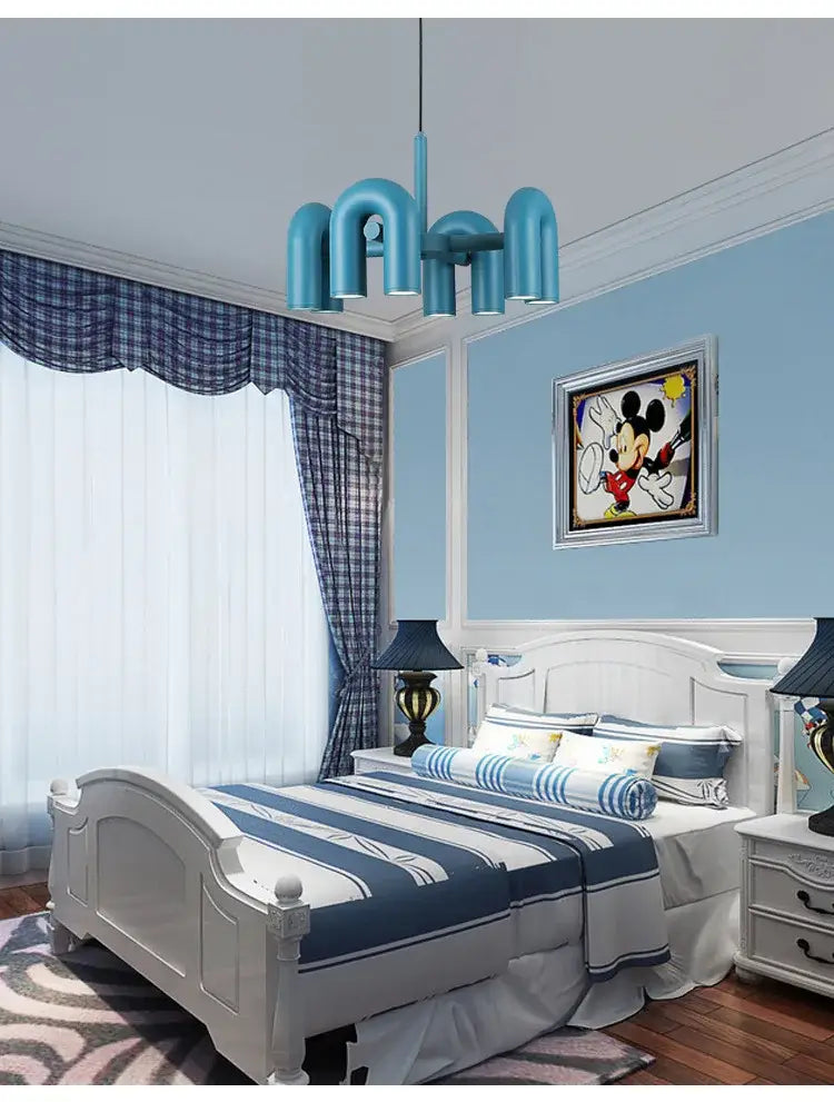 DecorBites™ nordic u shape blue LED chandelier with curved tubular arms and metallic finish for living room home decor