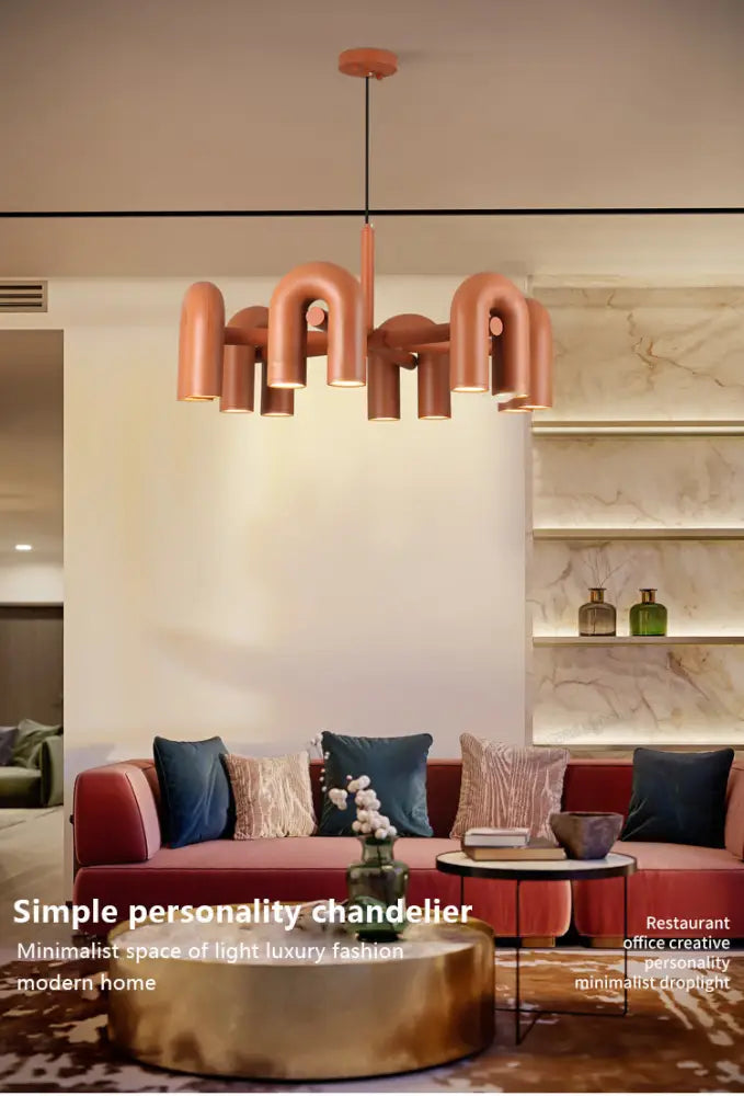 Copper-toned DecorBites™ Nordic LED chandelier with curved tubular arms for modern living room home decor