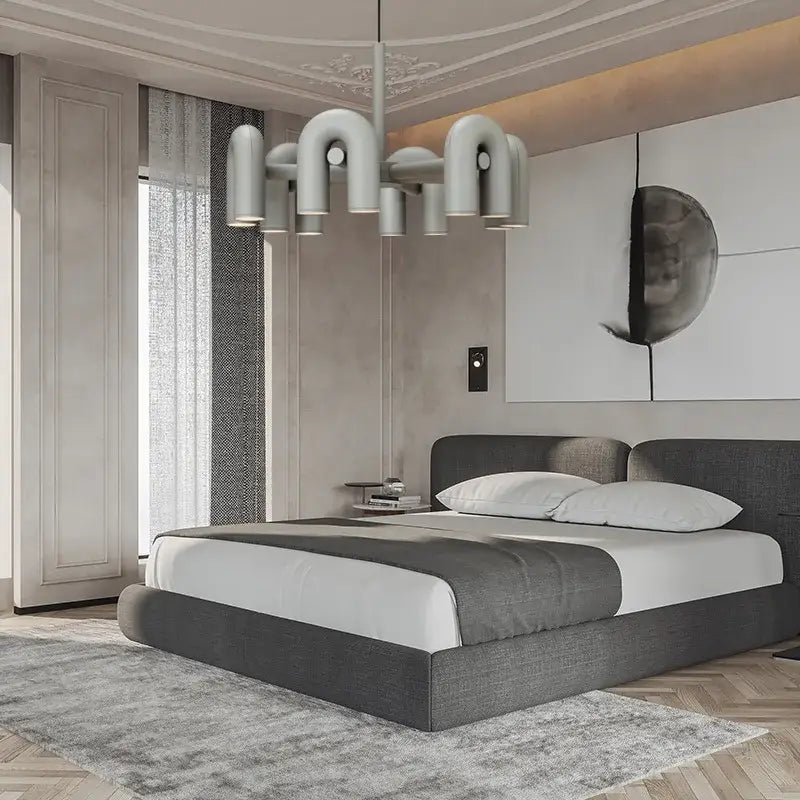 Modern gray nordic u shape led pendant chandelier with curved tubular arms and sleek metallic finish for living room home decor