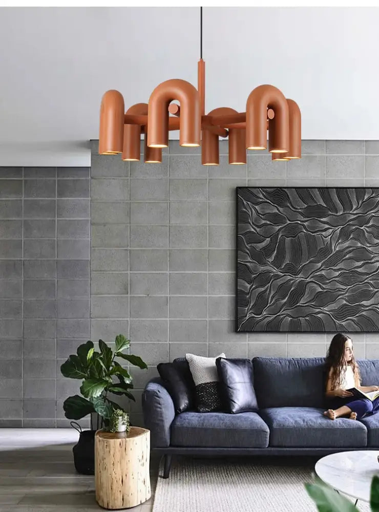 Terracotta-colored nordic u shape led chandelier with curved tubular arms for modern living room home decor by decorbites