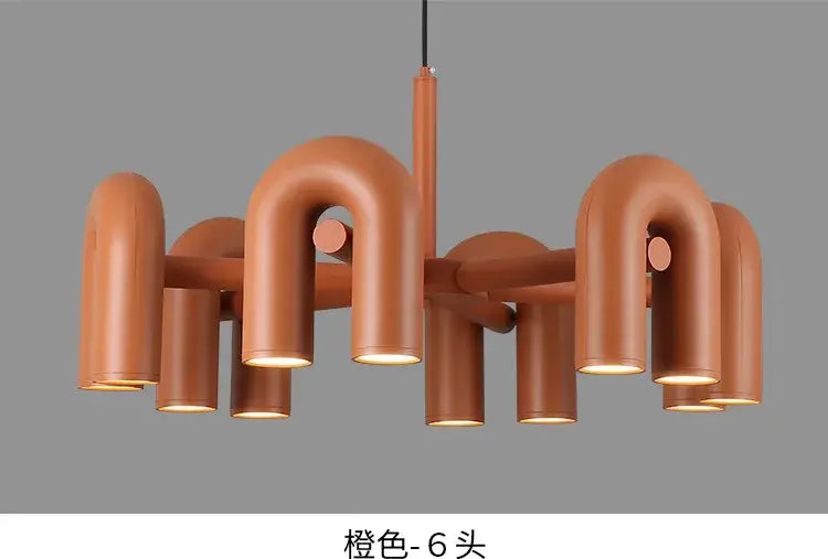 DecorBites™ nordic u shape led chandelier in terracotta with six curved pipe arms for modern home decor living room