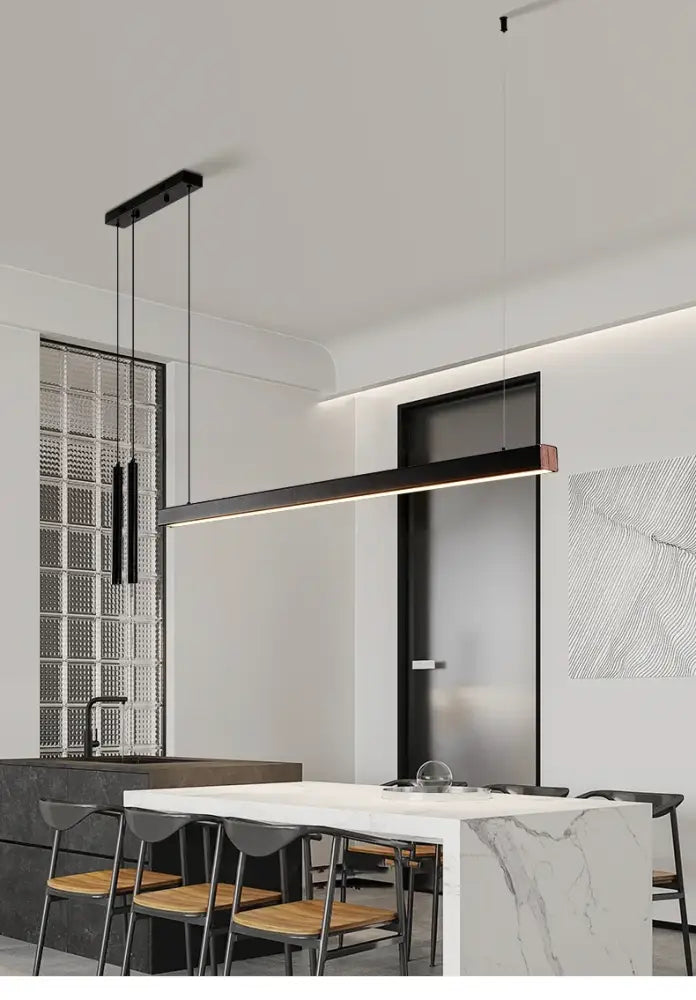 Black linear nordic led chandelier with sleek minimalist design and subtle warm led illumination for home lighting