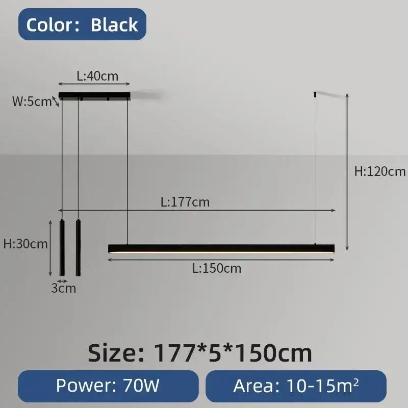 Black modern minimalist nordic led chandelier with sleek linear design and slim cylindrical hanging elements for home lighting