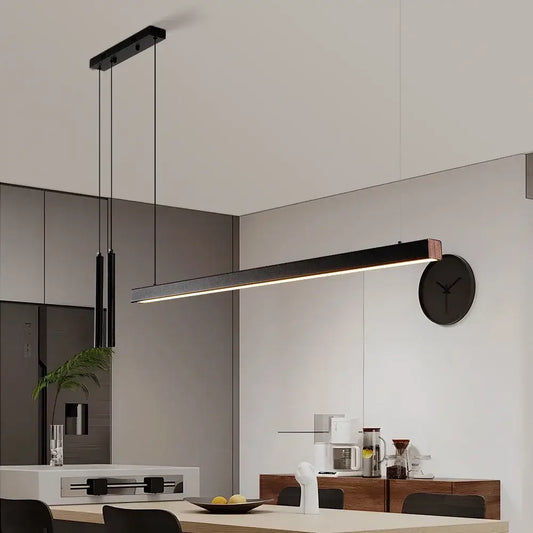 Black rectangular nordic led chandelier with minimalist design and subtle wood accent for home lighting by DecorBites
