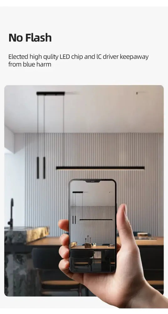 Black smartphone displaying a sleek modern nordic led chandelier design for home lighting by decorbites