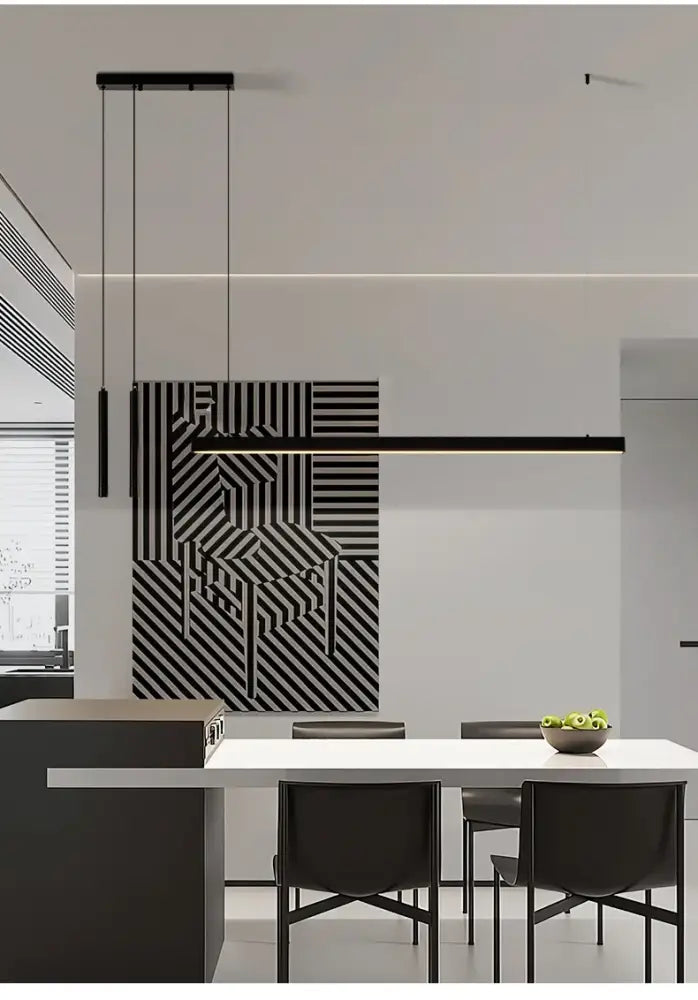 Black and white geometric abstract wall art with bold diagonal stripes complements decorbites™ nordic led chandelier