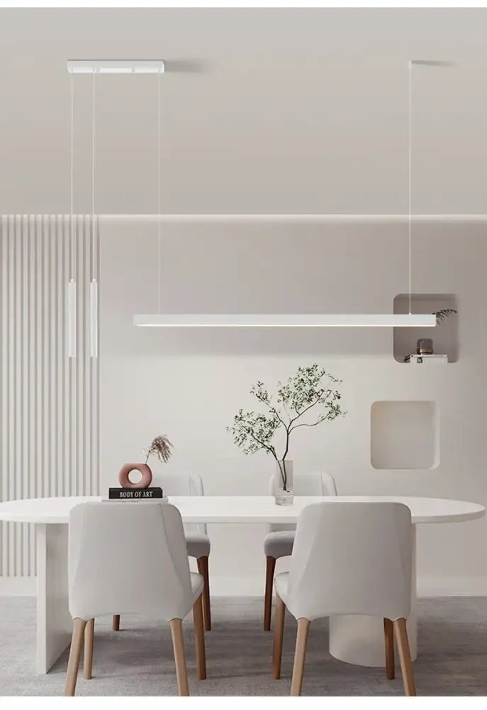 Minimalist white rectangular nordic led chandelier with sleek modern design suspended above dining table for home lighting